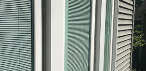 Bay window with blinds between the glass